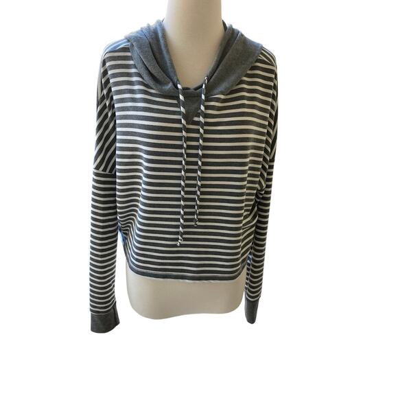 Altar'd State Dark Gray/White Stipe Crop Boxy Hoodie Sweater Top Size L - Picture 1 of 7